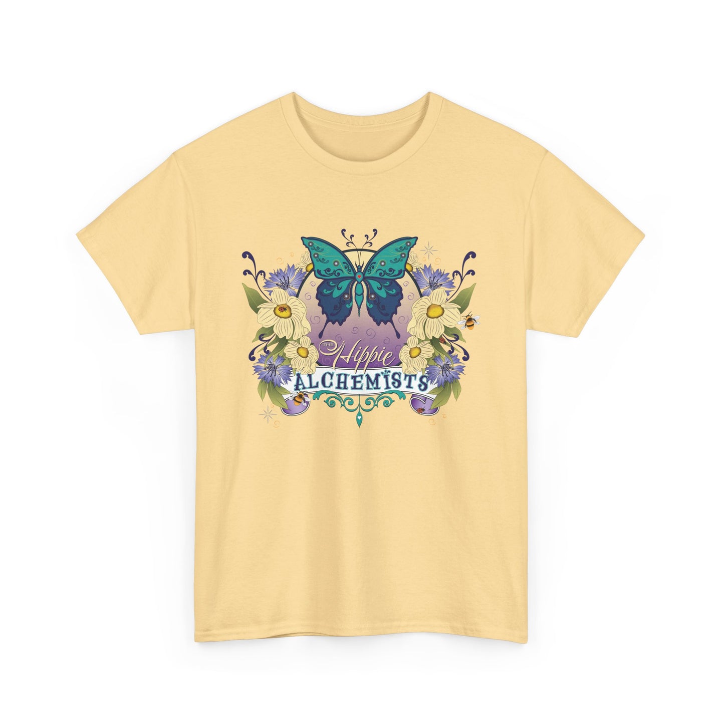 The Hippie Alchemist Tee - Unisex Heavy Cotton Tee, Nature Lover Gift, Spring Fashion, Eco-Friendly Apparel, Unique Graphic Tee - Butterflies and Flowers