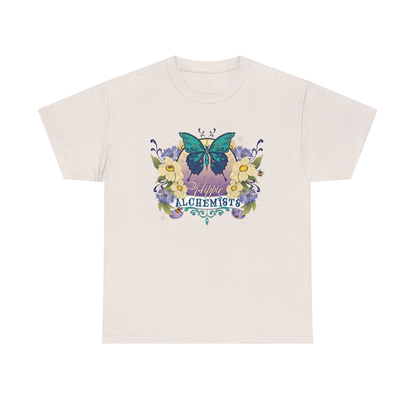 The Hippie Alchemist Tee - Unisex Heavy Cotton Tee, Nature Lover Gift, Spring Fashion, Eco-Friendly Apparel, Unique Graphic Tee - Butterflies and Flowers