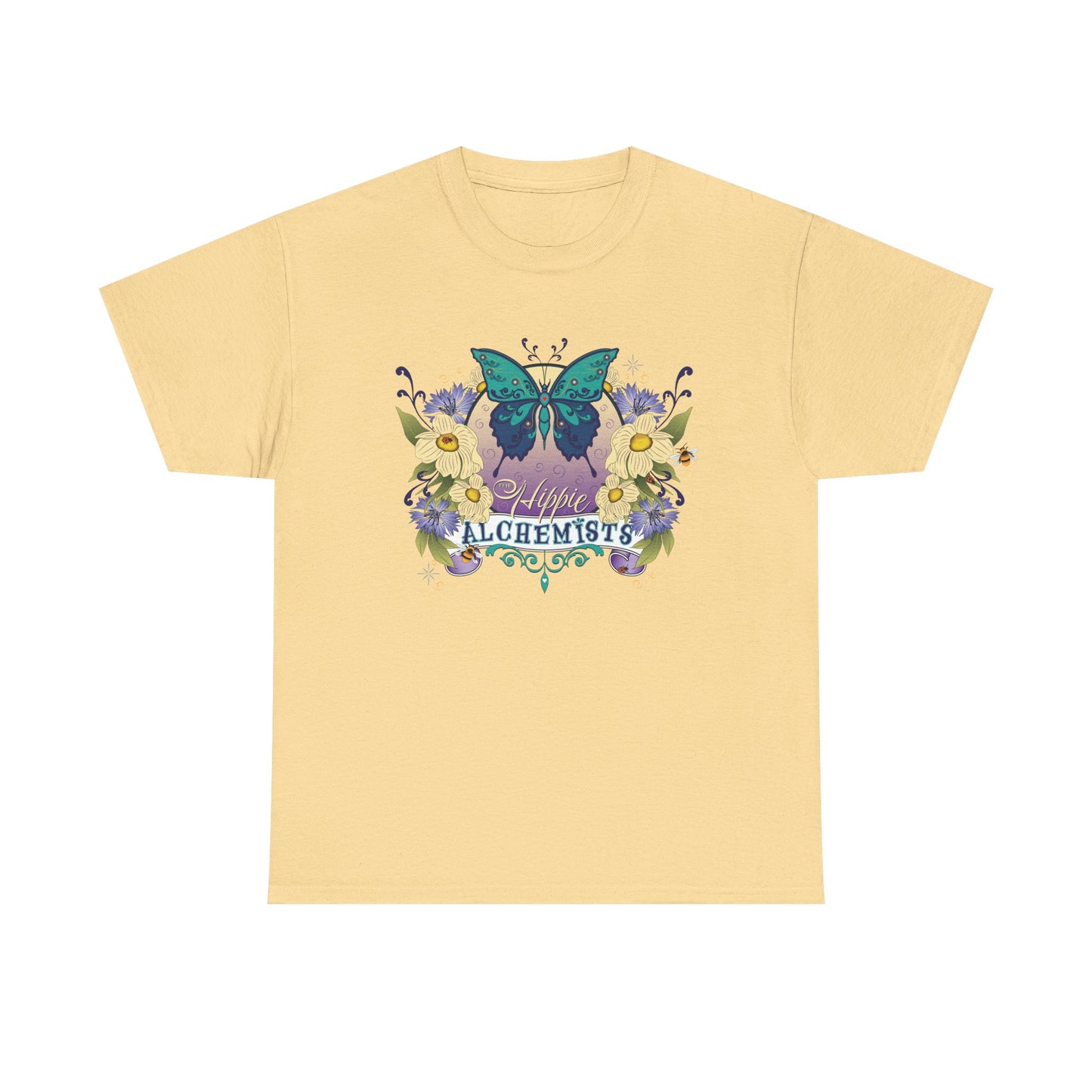 The Hippie Alchemist Tee - Unisex Heavy Cotton Tee, Nature Lover Gift, Spring Fashion, Eco-Friendly Apparel, Unique Graphic Tee - Butterflies and Flowers