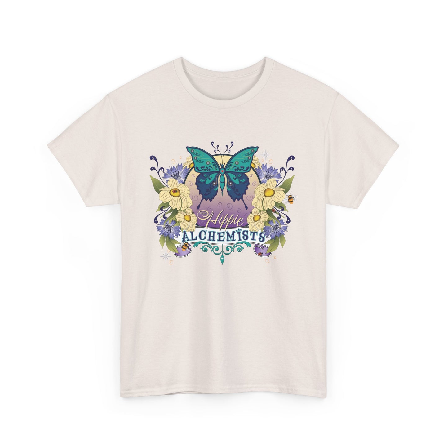 The Hippie Alchemist Tee - Unisex Heavy Cotton Tee, Nature Lover Gift, Spring Fashion, Eco-Friendly Apparel, Unique Graphic Tee - Butterflies and Flowers