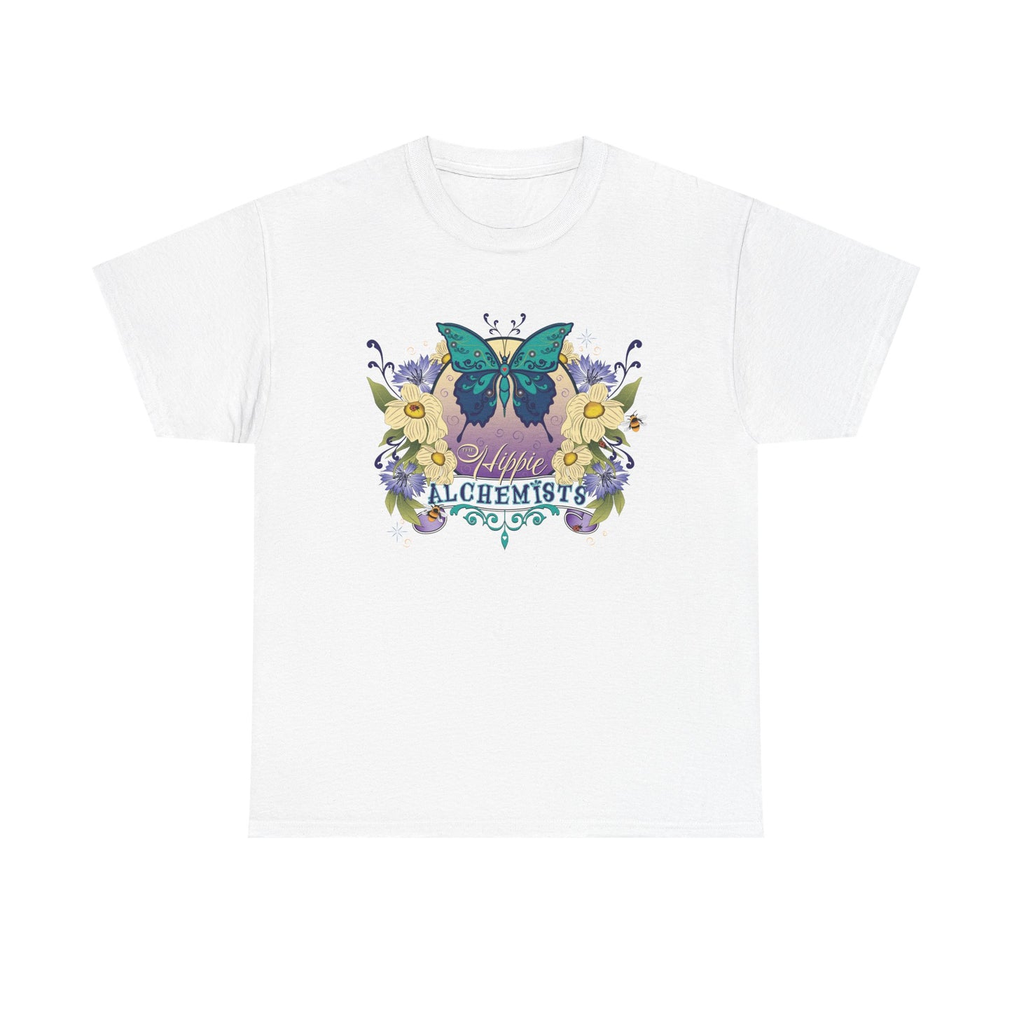The Hippie Alchemist Tee - Unisex Heavy Cotton Tee, Nature Lover Gift, Spring Fashion, Eco-Friendly Apparel, Unique Graphic Tee - Butterflies and Flowers