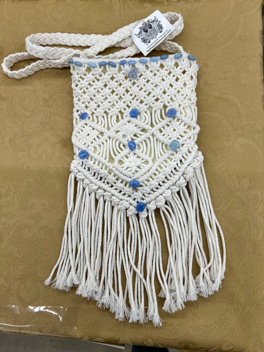 Julia's Embellished White Macrame Purse (Blue Beads)